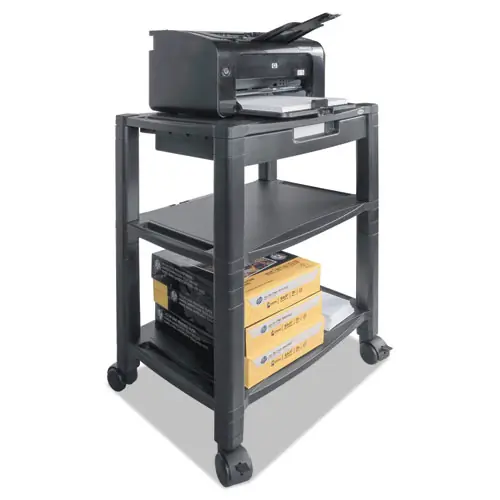 Kantek Height-Adjustable Deskside Printer Cart, Black, Plastic with 3 Shelves and 1 Drawer, 60 lb Capacity