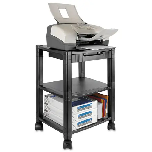 Kantek Height-Adjustable Deskside Printer Cart, Black, 3 Shelves, 1 Drawer, 75 lb Capacity