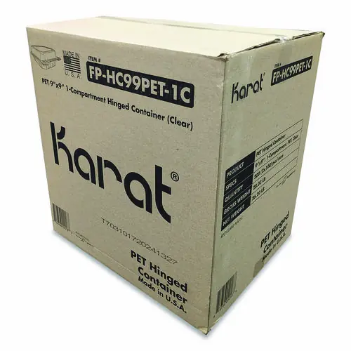 Karat® PET Plastic Hinged Container, Clear, 9 x 9 x 3.6, 100/Pack, 2 Packs/Carton