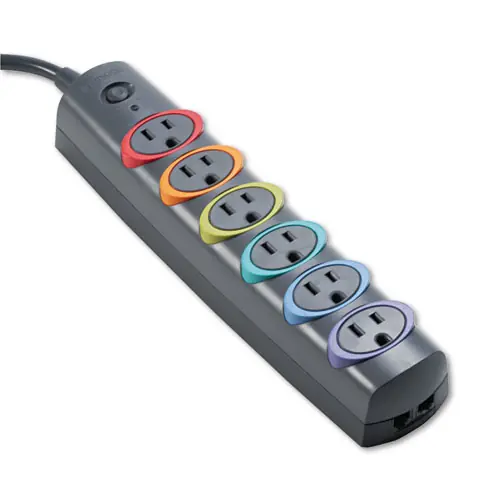Kensington® SmartSockets Color-Coded Strip Surge Protector, 6 AC Outlets, 6 ft Cord, 670 J, Gray