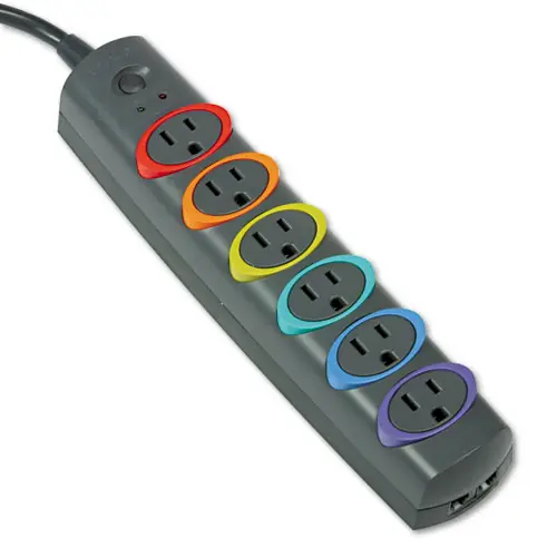 Kensington® SmartSockets Color-Coded Strip Surge Protector, 6 AC Outlets, 7 ft Cord, 945 J, Black