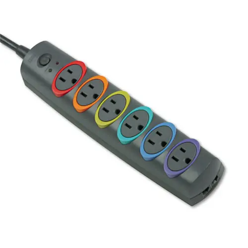 Kensington® SmartSockets Color-Coded Strip Surge Protector, 6 AC Outlets, 8 ft Cord, 1,260 J, Black