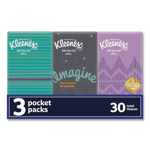 Kleenex® On The Go Packs Facial Tissues, 3-Ply, White, 10 Sheets/Pouch, 3 Pouches/Pack, 36 Packs/Carton