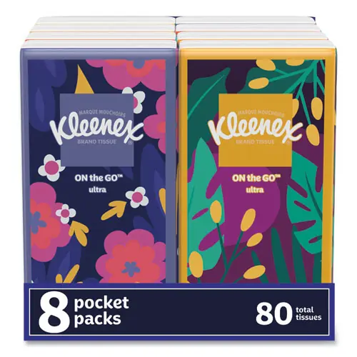 Kleenex® On The Go Packs Facial Tissues, 3-Ply, White, 10 Sheets per Pouch, 8 Pouches per Pack