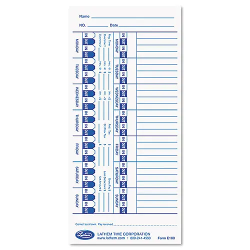 Lathem® Time Time Clock Cards for Lathem Time E Series, One Side, 4 x 9, 100/Pack