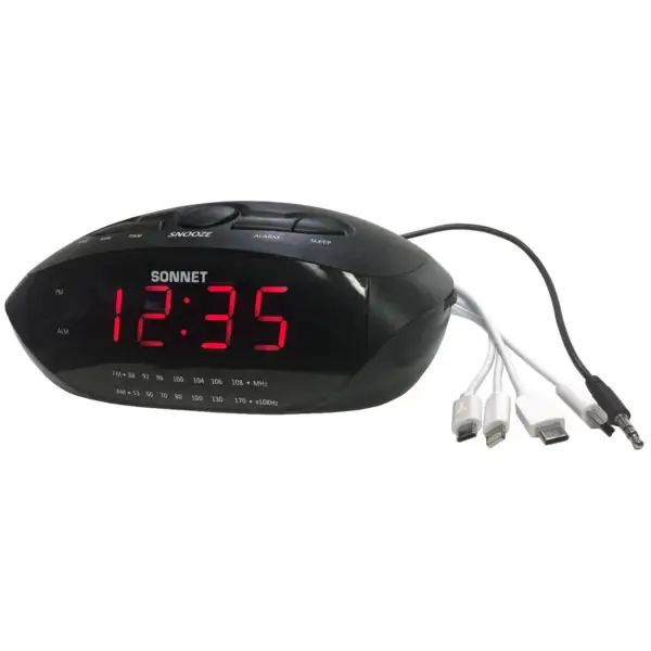 LED AM/FM Clock Radio w/ USB and 4 Charging Cables