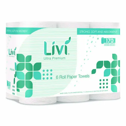 Livi® Ultra Premium Kitchen Roll Towel, 2-Ply, White, 6 Rolls/Pack, 4 Packs/Carton