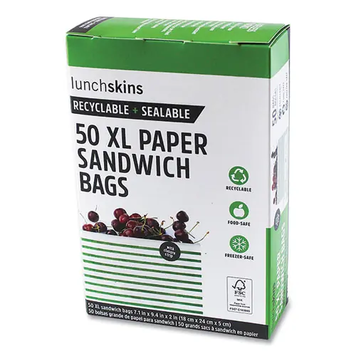 lunchskins Paper Sandwich Bag, XL Sandwich, 7.1" x 2" x 9.4", Green Stripes/White, 50/Box