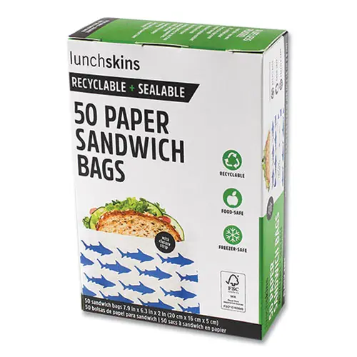 lunchskins Peel and Seal Sandwich Bag with Closure Strip, Blue Sharks/White, 50/Box