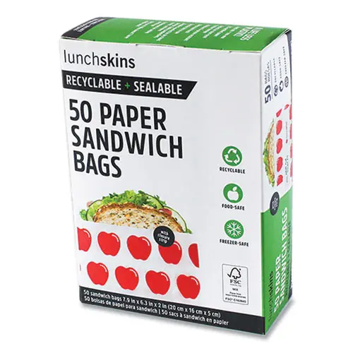 lunchskins Peel and Seal Sandwich Bag with Closure Strip, Red Apples/White, 50/Box