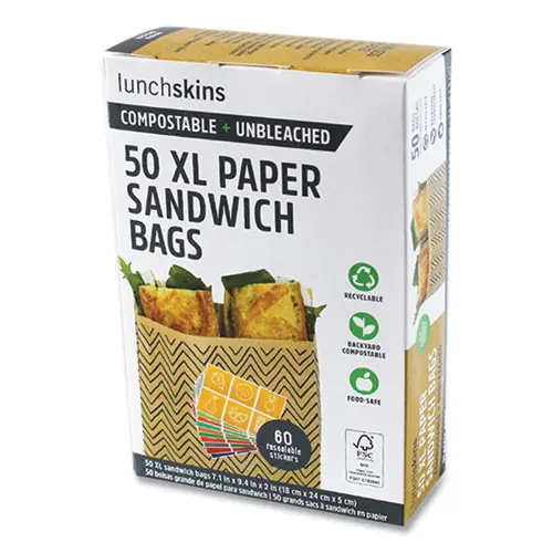 LunchSkins XL Sandwich Bag with Resealable Stickers, Black Stripes/Natural Kraft, 50/Box