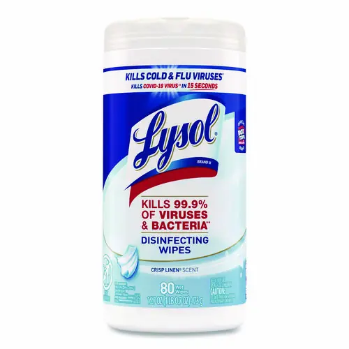 LYSOL® Brand Disinfecting Wipes, Crisp Linen Scent, White, 80 Wipes/Canister, 7" x 7.25"