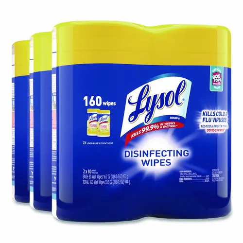 LYSOL® Brand Disinfecting Wipes, Lemon and Lime Blossom, White, 80 Wipes/Canister, 2 Canisters/Pack, 3 Packs/Carton