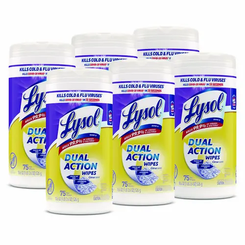 LYSOL® Brand Dual Action Disinfecting Wipes, Citrus Scent, 7 x 7.5, White/Purple, 75 Wipes/Canister, 6 Canisters/Carton