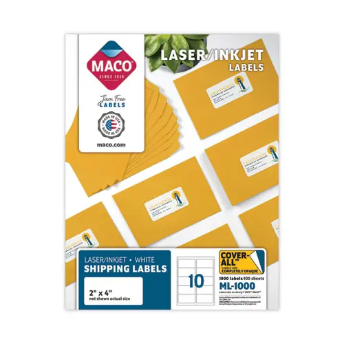 MACO® Cover-All Opaque Laser/Inkjet Shipping Labels, 2 x 4, White, 10 Labels/Sheet, 100 Sheets/Box