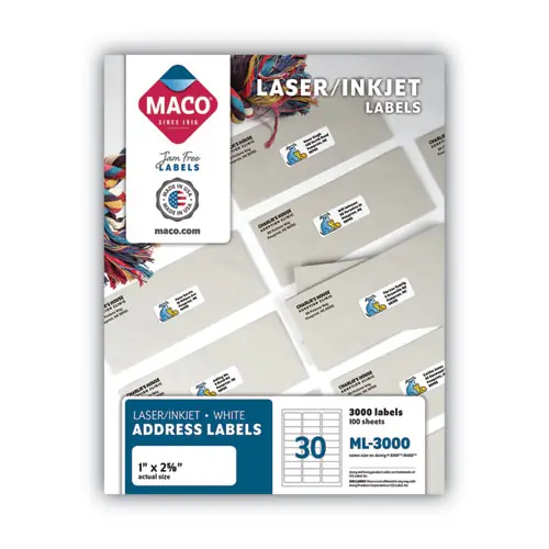 MACO® White Laser/Inkjet Shipping Address Labels, 1 x 2.63, White, 30 Labels/Sheet, 100 Sheets/Box
