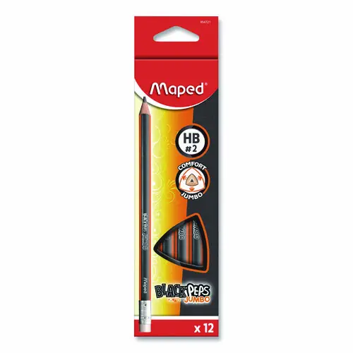Maped Helix Black'Peps Jumbo Triangular Pencils, HB (#2), Black Lead, Orange/Black Barrel, Dozen