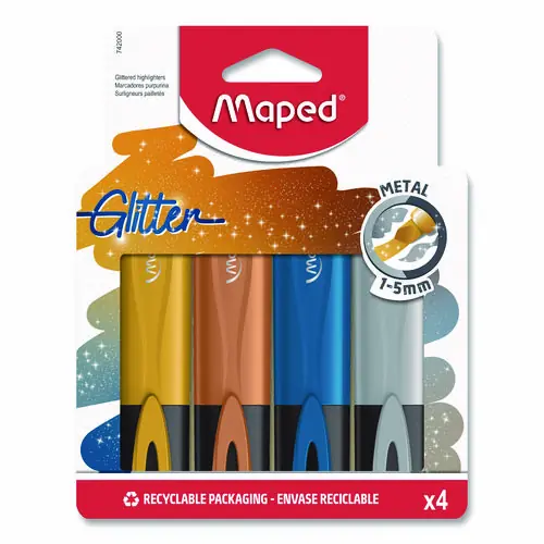Maped Helix Fluo Peps Metallic Glitter Highlighter, Assorted Ink, Chisel Tip, Assorted Barrel, 4/Pack