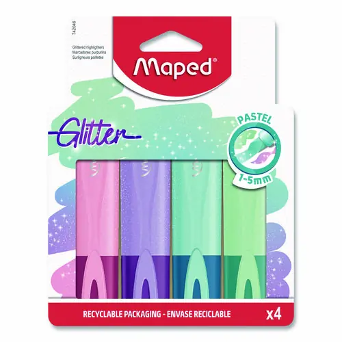 Maped Helix Fluo Peps Pastel Glitter Highlighter, Assorted Ink, Chisel Tip, Assorted Barrel, 4/Pack