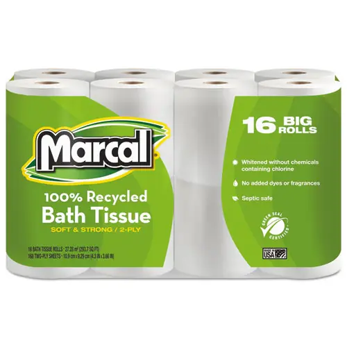 Marcal® 100% Recycled 2-Ply Bath Tissue, Septic Safe, White, 168 Sheets per Roll, 16 Rolls per Pack