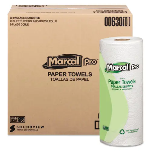 Marcal PRO™ 100% Premium Recycled Kitchen Roll Towels, 2-Ply, 11" x 9", White, 70 Towels per Roll, 30 Rolls per Carton
