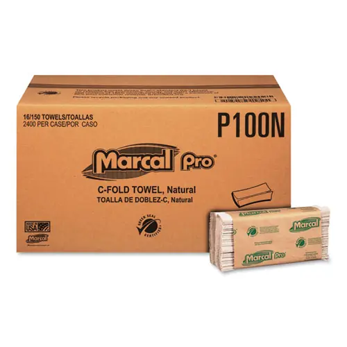 Marcal PRO™ Folded Paper Towels, 1-Ply, 12.88" x 10.13", Natural, 150 Towels/Pack, 16 Packs/Carton