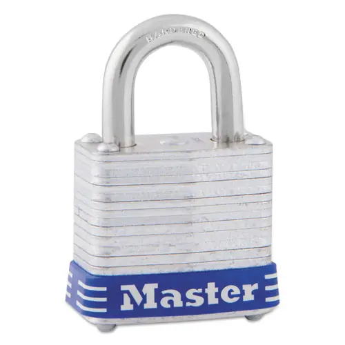 Master Lock® Four-Pin Tumbler Lock, Laminated Steel Body, 1.12" Wide, Silver/Blue, 2 Keys