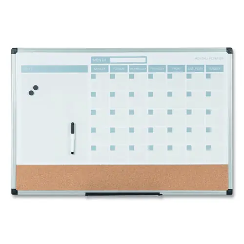MasterVision® 3-in-1 Planner Board, Monthly Planning/Scheduling Calendar, 24" x 18", Tan/White/Blue Surface, Satin Aluminum Frame