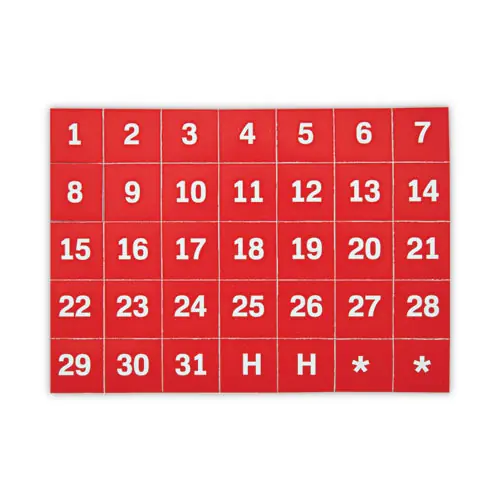 MasterVision® Heavy-Duty Board Magnet Labels, Calendar Dates (1-31), 1" Tall, White Characters on Red Background, 35/Pack