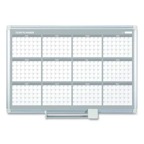 MasterVision® Magnetic Dry Erase Calendar Board, 12-Month Planning/Scheduling, 36" x 24", White Surface, Satin Aluminum Frame
