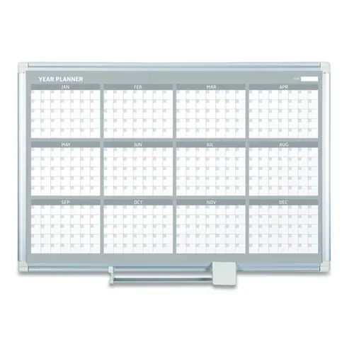 MasterVision® Magnetic Dry Erase Calendar Board, 12-Month Planning/Scheduling, 48" x 36", White Surface, Satin Aluminum Frame