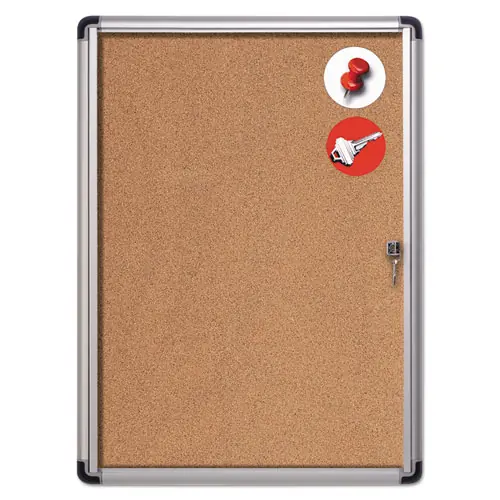MasterVision® Slim-Line Enclosed Cork Bulletin Board with One Door, Satin Aluminum Frame, 28" x 38", Tan Surface