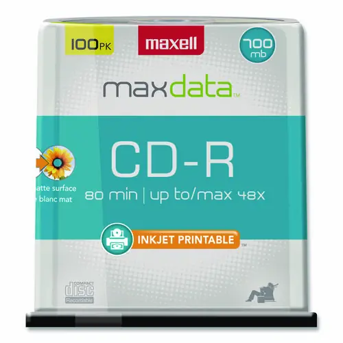 Maxell® CD-R Printable Recordable Disc, 700 MB/80 min, 48x, Spindle, Matte White, 100/Pack