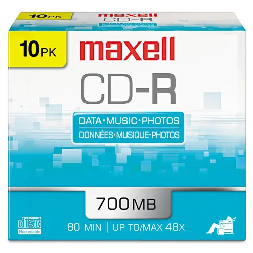 Maxell® CD-R Recordable Disc, 10/Pack, 48x, 700 MB/80 min, Slim Jewel Case, Silver