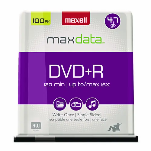 Maxell® DVD+R High-Speed Recordable Disc, 4.7 GB, 16x, Spindle, Silver, 100/Pack