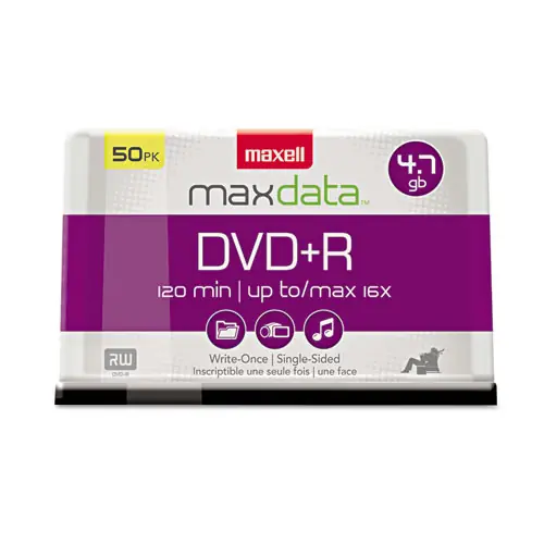 Maxell® DVD+R High-Speed Recordable Disc, 4.7 GB, 16x, Spindle, Silver, 50/Pack