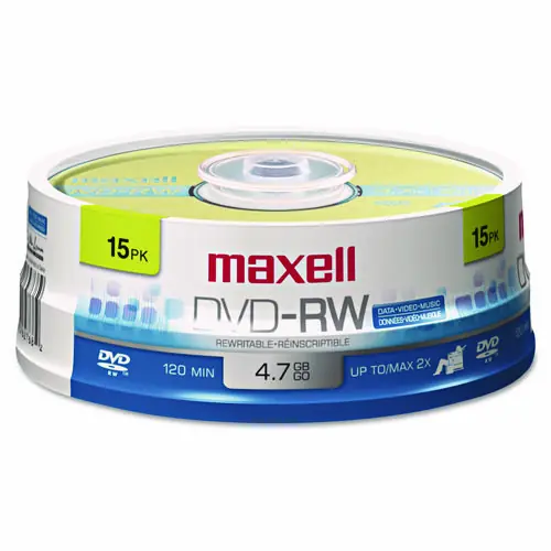 Maxell® DVD-RW Rewritable Disc, 4.7 GB, 2x, Spindle, Gold, 15/Pack
