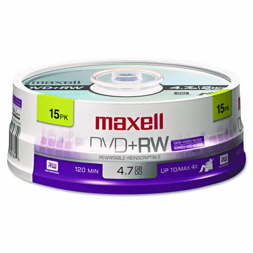 Maxell® DVD+RW Rewritable Disc, 4.7 GB, 4x, Spindle, Silver, 15/Pack