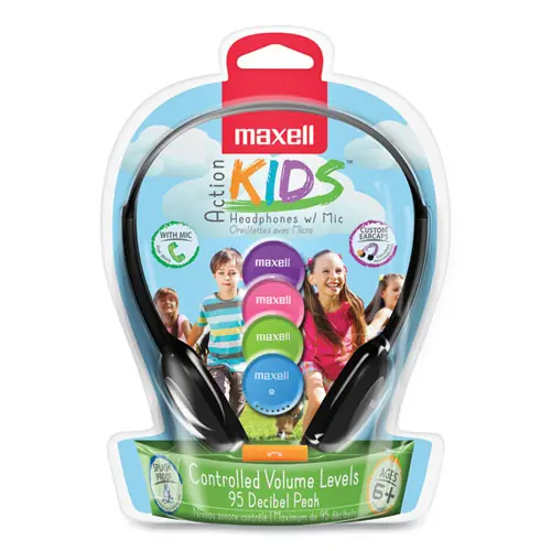 Maxell® Kids Safe Headphones with Inline Microphone, Black with Interchangeable Pink/Blue/Silver Caps, 4 ft Cord