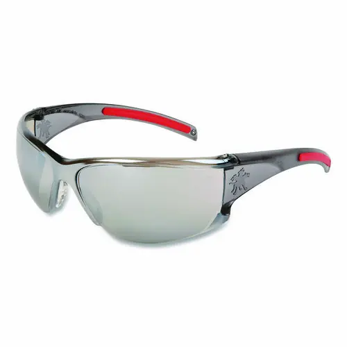 MCR™ Safety HK1 Series Safety Glasses, Wraparound, Scratch-Resistant, Silver Mirror Lens, Smoke/Red Frame