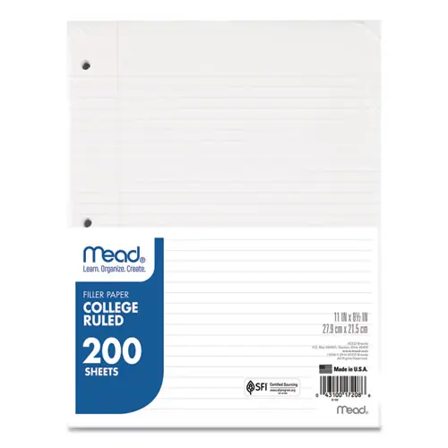 Mead® Filler Paper, 3-Hole, 8.5 x 11, College Rule, 200/Pack