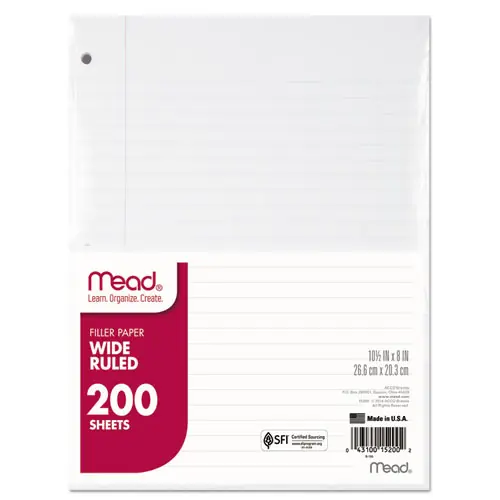 Mead® Filler Paper, 3-Hole, 8 x 10.5, Wide/Legal Rule, 200/Pack