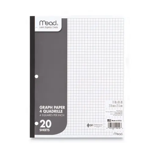Mead® Graph Paper Tablet, 3-Hole Punched, 8.5" x 11", 4 Squares/Inch, 20 Sheets per Pad, 12 Pads per Pack
