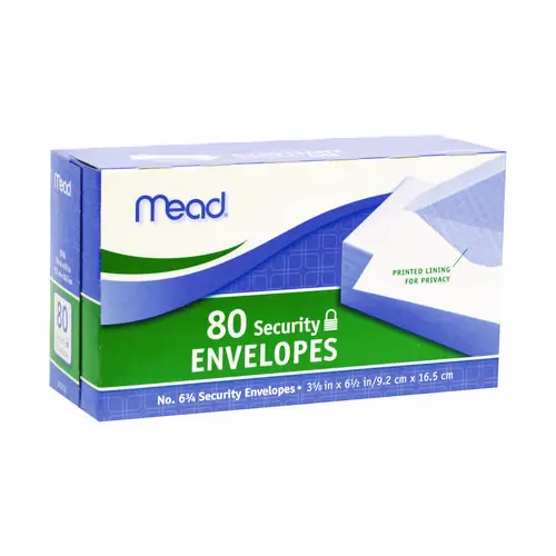 Mead® Security Tint Business Envelopes, #6 3/4, Monarch Flap, Gummed Closure, White, 80/Box