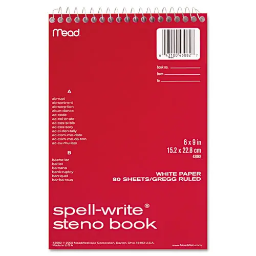 Mead® Spell-Write Wirebound Steno Pad, Gregg Rule, Assorted Cover Colors, 80 Sheets, 6" x 9"