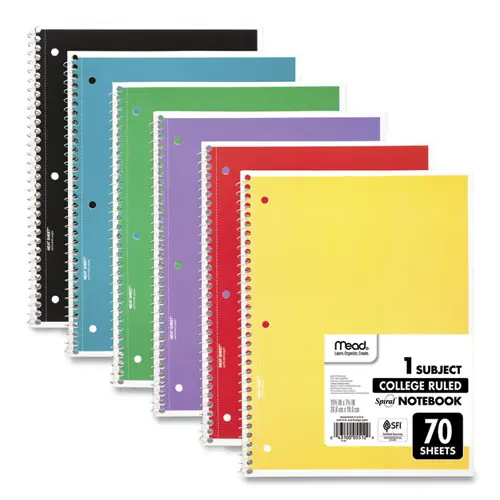 Mead® Spiral Notebook, 1-Subject, Medium/College Rule, Assorted Cover Colors, 70 Sheets, 10.5 x 8, 6/Pack