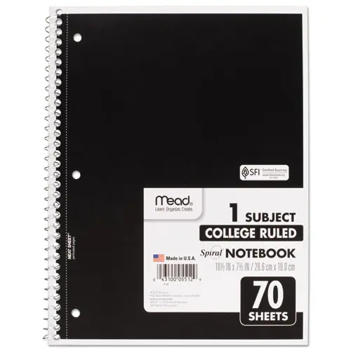 Mead® Spiral Notebook, 1-Subject, Medium/College Rule, Randomly Assorted Cover Color, 70 Sheets, 10.5 x 7.5 inches