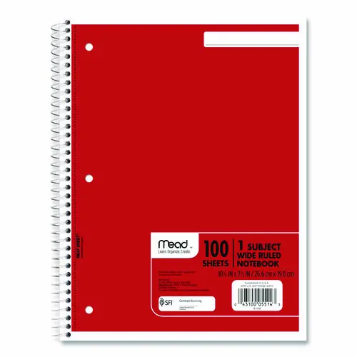 Mead® Spiral Notebook, 1-Subject, Wide/Legal Rule, 100 Sheets, 10.5" x 7.5", Random Assorted Cover Colors