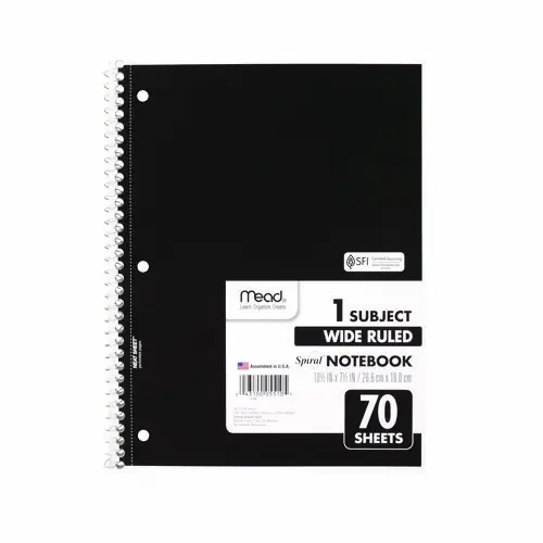 Mead® Spiral Notebook, 1-Subject, Wide/Legal Rule, Randomly Assorted Cover Color, 70 Sheets, 10.5 x 7.5"