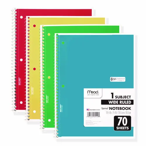 Mead® Spiral Notebook, 1-Subject, Wide/Legal Rule, Randomly Assorted Cover Colors, 70 Sheets, 10.5" x 8", 4/Pack